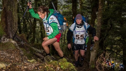 Amy Manning and Darren Clay from Team Vistalight Central making their way up the first climb of the race towards Brewster Hut.
