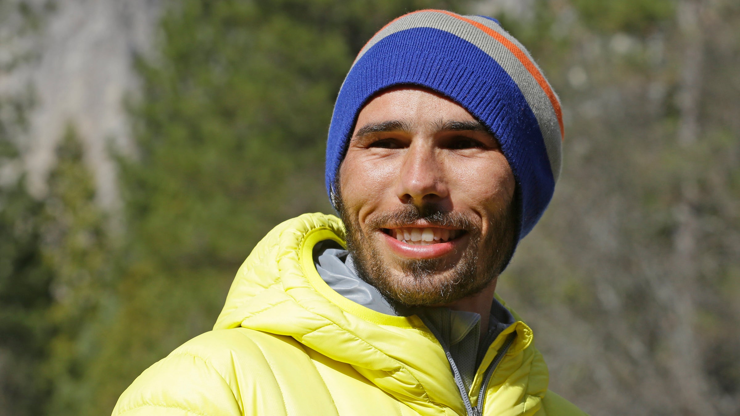 Jorgeson smiles during a news conference in El Capitan meadow after he and Caldwell's historic climb. 