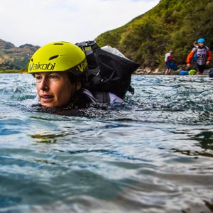 Louise Mark with the rest of Team Balance Sports Nutrition heading out on the swim at the end of the coastal orienteering leg of the race.