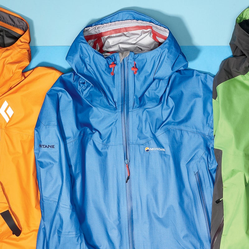 Best For: Moving fast in wet weather. The Test: The Featherlite ($399) weighs about an ounce more than the pared-down Black Diamond, but it’s a slightly different animal. Here you get two front pockets, smartly positioned high enough not to interfere with a harness or hipbelt, and a more functional hood—with three points of adjustability and a wire-stiffened brim. “I could really hunker down in it,” said one tester. “Nothing was able to sneak in.” All else being equal, the Featherlite’s eVent fabric is probably a bit more breathable than Gore-Tex’s Paclite. Note: the fit is especially trim, so size up if you’re brawny or looking to wear an insulating midlayer. The Verdict: Light on weight, not on features. 10 oz; montane.co.uk Breathability: 3 Weatherproofness: 5