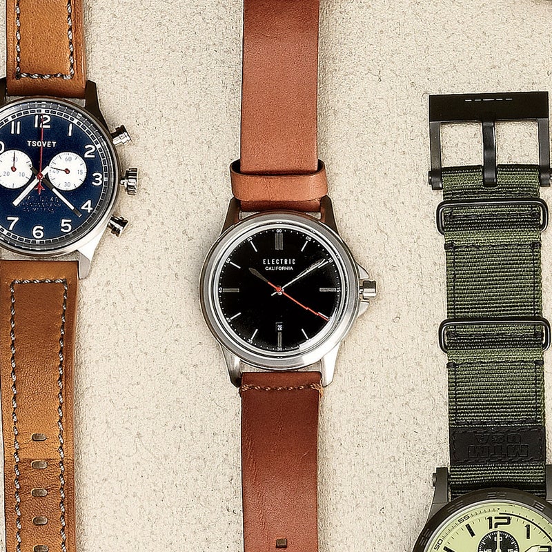 An antidote to today’s data overload, the Carroway ($225) cuts all the extra dials and tachymeters—even the date window is easy to miss. Though it’s water-resistant to 100 meters and built with surgical stainless steel, the domed crystal isn’t made for serious collisions. electriccalifornia.com