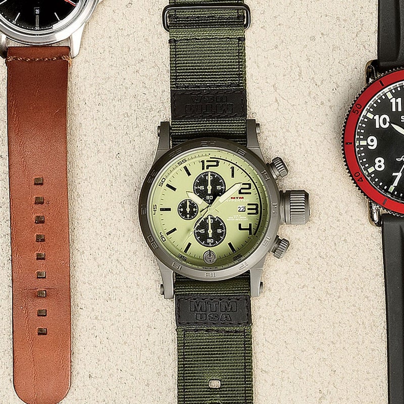 MTM specializes in military-grade watches with lots of functions. The Hypertec Chrono ($350) scales things back, including the price. Choose from three dial configurations, twelve face colors—even the color of the hands is up to you. It’s streamlined and built to last. specialopswatch.com