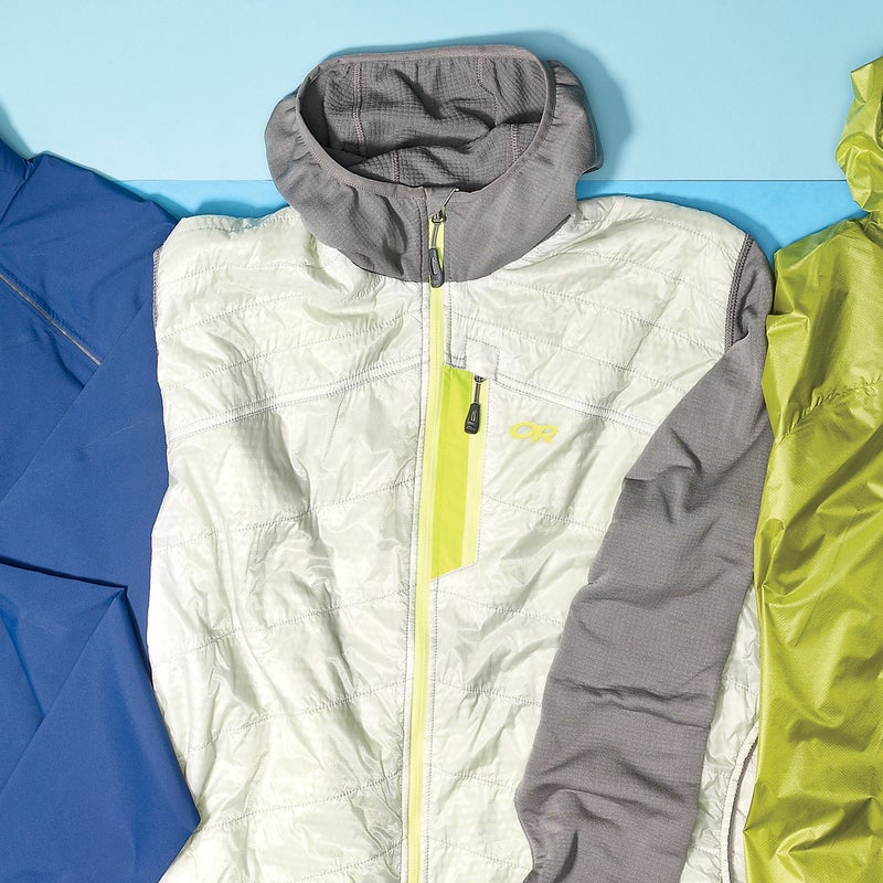Best For: Shoulder-season layering. The Test: It’s not really a wind shell. Nor is it a soft shell. But we wore it so often, in such a wide range of conditions, that we had to put in the mix. Essentially a stretchy fleece jacket with a windproof torso lightly insulated with fancy synthetic insulation (Polartec Alpha), the Deviator ($185) somehow manages to be both warm and breathable. Although we most often wore it as a midlayer in brisker temps, it does just fine over a T-shirt: the grid-backed fleece lining wicks away moisture and dries quickly during cool-weather runs, and thumb loops add extra protection. The Verdict: One of the most versatile layering pieces we’ve tried. Not sure what to wear? Start with the Deviator. 10.8 oz; outdoorresearch.com Breathability: 4.5 Weatherproofness: 2