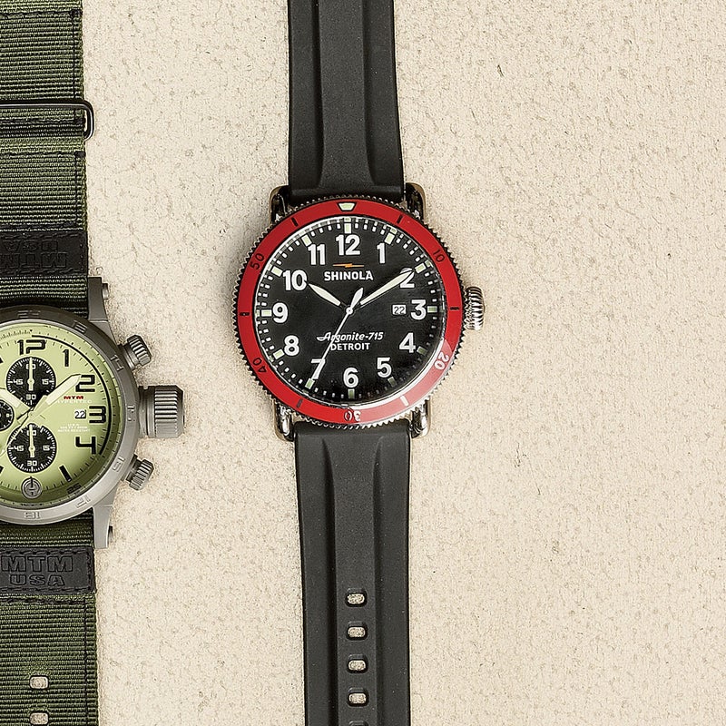 Shinola hand-builds its watches in a factory in Detroit using locally made quartz movements. The Runwell Sport ($675) is a fat-dialed piece with bold numbers, a hard sapphire crystal, and retro-industrial flourishes. shinola.com