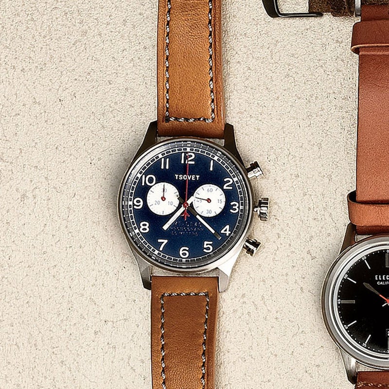 We were immediately smitten with the eye-pleasing blue face on this low-key, less burly model from Tsovet ($450). The big numbers and two subdial timers are clean and easy to read, and the 40-millimeter dial is just the right size. The leather band and embossed lettering on the face add to the old-school vibe on this handsome traveler’s piece. tsovet.com