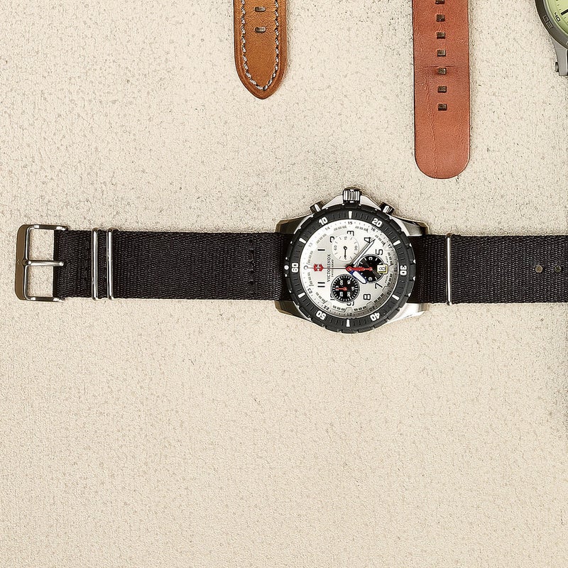 The Maverick ($495) has a nautical feel but mixes things up with different-colored subdials on a white face. A 12-hour chronograph tracks all-day adventures, the scratch-resistant sapphire crystal stands up to shock, and the recessed crown keeps it from snagging on your shirt sleeve. swissarmy.com