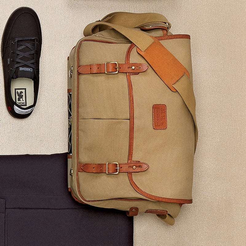 Designed by British luggage maker John Chapman, this rubber-lined canvas-and-leather briefcase ($400) reimagines the vintage game bag by incorporating a padded laptop sleeve and two zippered bellows pockets. brompton.com