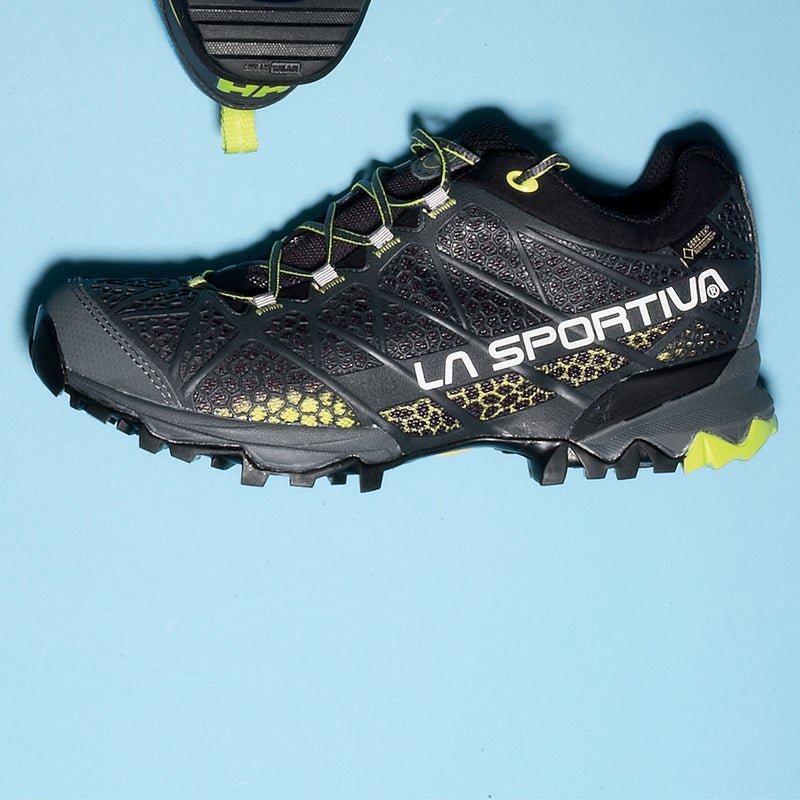 Best For: Hot, wet days.
The Test: This was the driest, coolest waterproof light hiker we tested, by a healthy margin. Credit Gore-Tex’s new Surround membrane and a highly breathable plastic exoskeleton, which promotes airflow without sacrificing support. La Sportiva is known for making top-flight climbing shoes, so it’s no surprise that the Primer ($175) displayed exceptional grip on wet surfaces. “It was actually difficult getting used to just how well it stuck to the trail in all manner of conditions,” said one tester. Our only complaint: the higher-than-average heel is less stable than we’d like.
The Verdict: Go fast, stay dry, keep cool. 13.2 oz; sportiva.com
Comfort: 4
Traction: 5