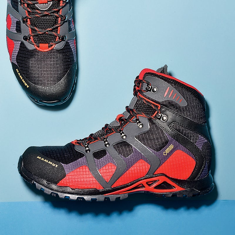 Best For: Backpacking in the rain.
The Test: Think of it as the hiking-boot counterpart to a top-end waterproof-breathable jacket. “It shakes off water like my favorite shell,” said one tester after hiking soggy Colorado trails. Like the La Sportiva, it features Gore-Tex’s Surround technology. Combine that with an outer made of mostly ripstop nylon (which cuts weight), and a rugged rubber toe cap, and the Comfort High ($199) moves fast in mucky conditions. Thick lugs provide a firm but stable landing.
The Verdict: Best support-to-weight ratio in our test. 2 lbs; mammut.ch
Comfort: 4
Traction: 4