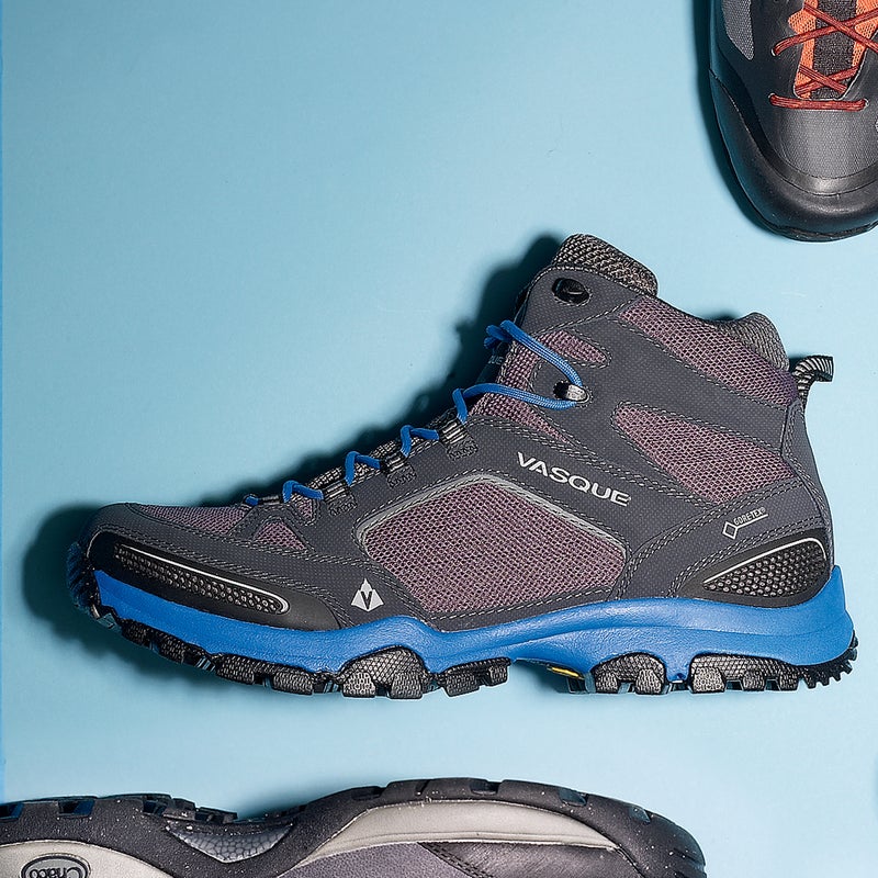 Best For: Weight watchers.
The Test: The Inhaler ($160) was a tester favorite—a tough high-top that weighs little more than a low-cut hiker. “I felt like I could literally jog in these things,” said one. Traditional Gore-Tex liners kept our feet dry through several rainstorms, and abundant mesh on the sides and small, air-permeable grids at the toe and heel helped with temperature regulation.
The Verdict: Ankle support without a lot of bulk. 1.9 lbs; vasque.com
Comfort: 4
Traction: 4