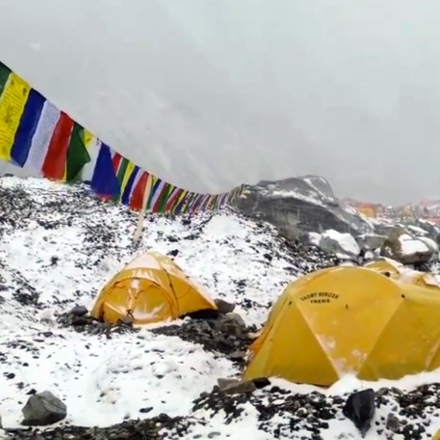 The first few seconds of the footage show Base Camp while climbers feel the ground shaking.