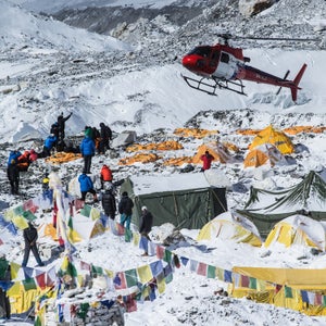 The first rescue helicopters were able to land at Everest Base Camp on Sunday, April 26, and successfully transported more than 50 of the most critically injured people to care in the villages of Pheriche, Lukla, and nearby hospitals. A photographer with 6 Summits Challenge, an international team of climbers lead by Nick Cienski, whom Outside senior editor Grayson Schaffer spoke with yesterday, captured these images during the rescue efforts.  Photo: A rescue helicopter from Fishtail Air lands in Base Camp to evacuate the wounded.