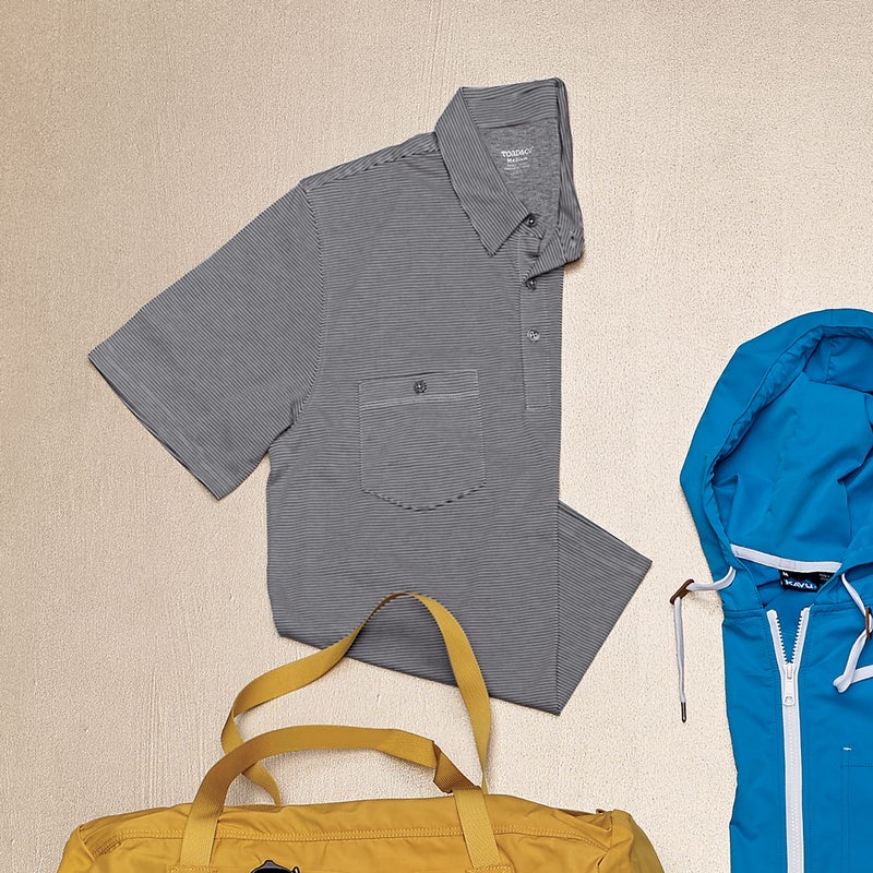 This vintage-tennis-style polo ($62) is knit from a moisture-wicking cotton-poly blend, so it shirks sweat. Go ahead and throw it in your gym bag for later—the fabric resists wrinkles, and a stink-fighting treatment means you can go straight from your workout to dinner. toadandco.com