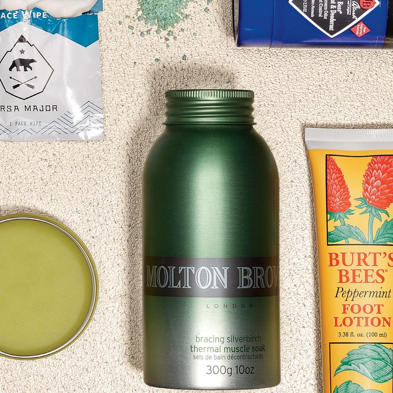 Don’t be alarmed when these crystals ($30) turn your hot bath kelly green. A soak in the woodsy-scented water soothes tired muscles and makes you feel like you just woke up from a nap. moltonbrown.com