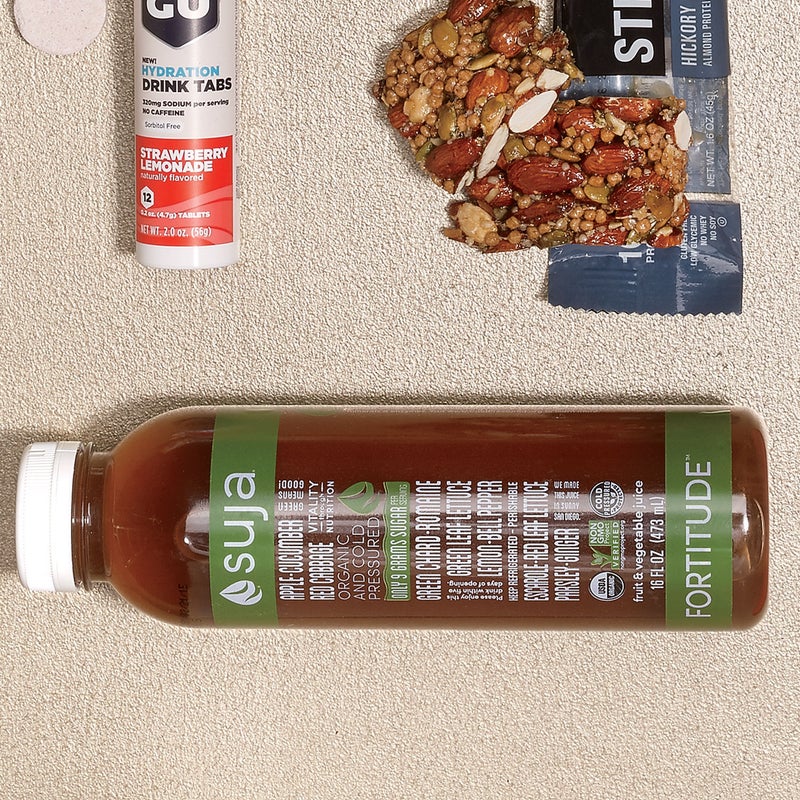 Store-bought juices often have as much processed sugar as soda. Not Suja’s ($8). All nine grams come from organic fruit. The juices are cold-pressed, not pasteurized, to retain more vitamins and minerals. The apple, cucumber, and ginger Fortitude blend provides a refreshing hit after a sweaty run. sujajuice.com