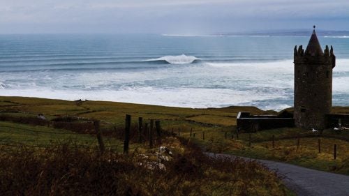 “That’s a photo I took in Ireland during a massive swell back in 2011. The near shore buoys were 38 feet at 18 seconds, which is far and away the biggest buoy reading I’ve ever seen. There were waves breaking all over the coast that day that were in the 70-to-100-foot range. That wave right there is probably 50 feet. This is a reef that just goes unridden. There are a lot of waves over there that go unridden, a lot of giant waves. It’s where the biggest waves in the world are, in my opinion.