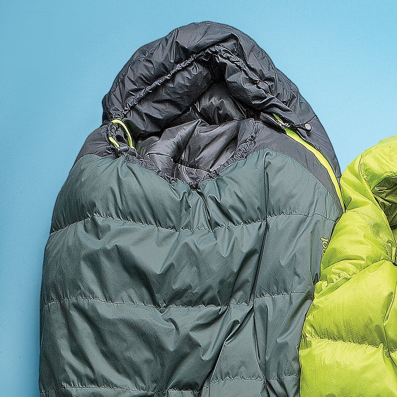 Best For: Efficient warmth.
The Test: The human body doesn’t lose heat evenly, so Marmot’s designers decided that uniformly insulating a sleeping bag only adds cost and weight. Instead, they used heat-mapping technology to determine where to add insulation (torso and feet). And then, because synthetic fill provides more thermal efficiency than down when compressed, they decided to stuff the Electrum ($159) with synthetic on the back and 650-fill down on the front. Result: the Electrum is toasty and fairly compact, squishing to the size of a cantaloupe.
The Verdict: A brilliant bag from top to bottom. 30°; 2.5 lbs; marmot.com
Sleep Comfort: 4
Warmth to Weight: 3.5