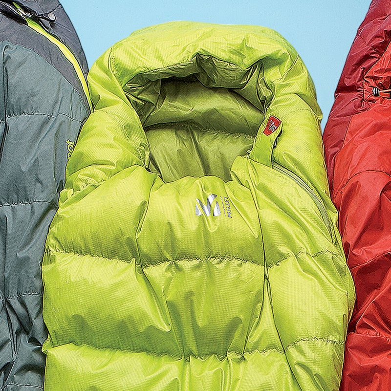Best For: Making camp life easier.
The Test: So many bags have annoying flaws: zippers that snag, jumbles of cords around your face, clammy linings. Which is why the 700-fill down Alpine ($230) is so refreshing. The hood drawcords are thoughtfully designed—around the chin, over your head—making it easy to cinch, even when you’re half asleep. Testers also cheered the three-quarter-length zipper (it never snagged), the built-in stuffsack (smartly attached to the hood for faster packing), and the extreme compressibility.
The Verdict: An ideal summer bag when space and weight are at a premium. 32°; 1.8 lbs; millet.fr
Sleep Comfort: 3.5
Warmth to Weight: 4.5