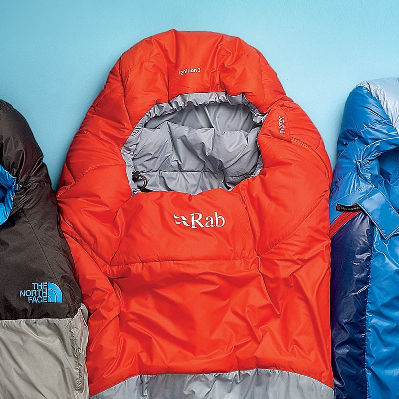 Best For: Ninety percent chance of rain.
The Test: Relentless downpours eventually dampened our tester’s spirits on a trip in British Columbia, but they barely fazed the Ignition 3 ($145): its hydrophobic synthetic fill easily kept its loft inside a soggy tent. On a sun-drenched mission to Baja, it dried quickly after dewy nights under the stars. And when the temperatures dropped to 24 degrees on the Green River, the new-fangled insulation (a blend of hollow and micro-size fibers) was toasty. Our tester was also amazed by its packability: “Impressive for a synthetic.”
The Verdict: A high-value performer when things get wet. 26°; 3 lbs; rab.uk.com
Sleep Comfort: 3.5
Warmth to Weight: 3