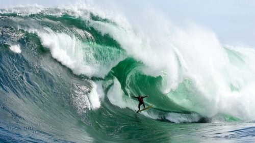 “Ryan is one of the Aussie madmen who chases the big slabs around at Shipsterns Bluff. That is the epitome of a deformed Shipsterns wave and has the full effect of those steps that the wave is notorious for. It’s such a roll of the dice, surfing that wave. Especially when it’s big and you’re getting towed in. You don’t know what you’re gonna get. It starts as a big lump. Some waves hit the reef and are rideable, some just turn into total mutants. He didn’t stick this one. He made it over that section there, but you can see that next piece of water he’s going into and that part demolished him.”