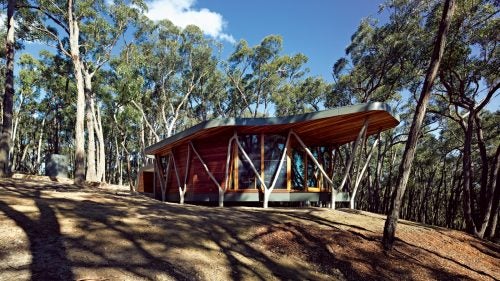 The structure fits its surroundings effortlessly, as forked tree branches appear to grow out of the ground to support the building. Bringing together components of the small Australian house, the primitive hut, and traditional Aboriginal structures, this home allows those inside to take in the picturesque setting.
