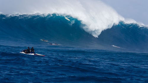 “I don’t know who that is up there in the lip, but that’s a big wave to be caught inside at Jaws. There are so many guys surfing out there on big days now, it’s really pretty remarkable. It started with just a small handful of guys, but now there are often 50 guys out in the water.”