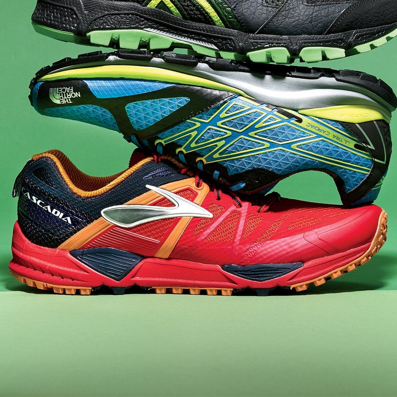 Best For: The really rough stuff.
The Test: The Cascadia ($120) offers a traditional, stoutly armored ride that has great appeal in sharp terrain. “It’s protective and cushioned yet is somehow able to be nimble on almost any surface,” said one tester. The downside of the firm, rock-plated forefoot is that it can pitch and roll more abruptly on sharp points. And while the Cascadia can handle a speedy pace on flat trails, downhills feel a bit like running in hiking shoes. But make no mistake: the snug upper is secure enough to handle all the turbulence you can throw at it.
The Verdict: A bomber choice for technical terrain and real-deal protection. 11.6 oz; 10 mm drop; brooksrunning.com
Comfort: 4
Protection: 5
