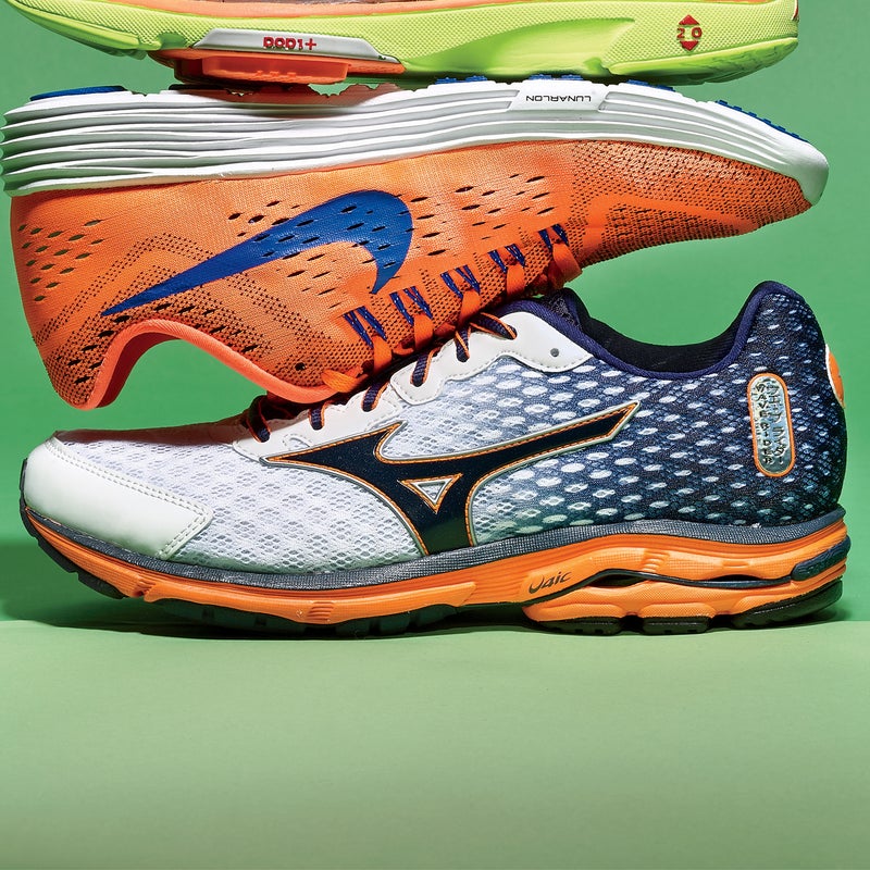 Best For: Heel strikers looking for an energetic, supportive trainer.
The Test: In its 18-year streak, the Wave Rider ($120) has been defined by its firm feel. While the stiffness can come off as harsh, it makes the shoe one of the most supportive and responsive in the lightweight class—the plastic wave plate in the heel turns each foot strike into forward motion. And there’s more spring up front than in prior generations. “What it lacks in comfort, it makes up for in efficiency,” said one tester. The stouter build also translates to great durability.
The Verdict: Heel strikers who don’t need pampering will love this classic. 9.2 oz; 12 mm drop; mizunorunning.com
Speed: 4.5
Responsiveness: 5