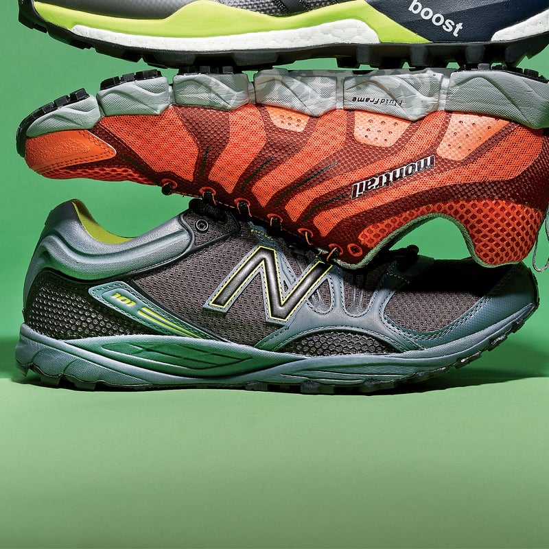 Best For: Minimalists and extremely efficient runners.
The Test: The 101 ($90) was one of the iconic early-minimalist-era shoes, and the re-release is true to the original formula: low to the ground, extremely flexible, featherweight, and fun. Mercifully, there’s now a protective rock plate and enough foam in the forefoot and tail to soften landings. The structureless heel is comfy but feels a bit sloshy on steep uphills and descents. The midfoot is nicely locked down on hairpin turns, though traction on tight corners suffers from the low, widely spaced lugs. Note: these run half a size short.
The Verdict: One zippy slipper. 7.5 oz; 10 mm drop; newbalance.com
Speed: 5
Protection: 2.5
