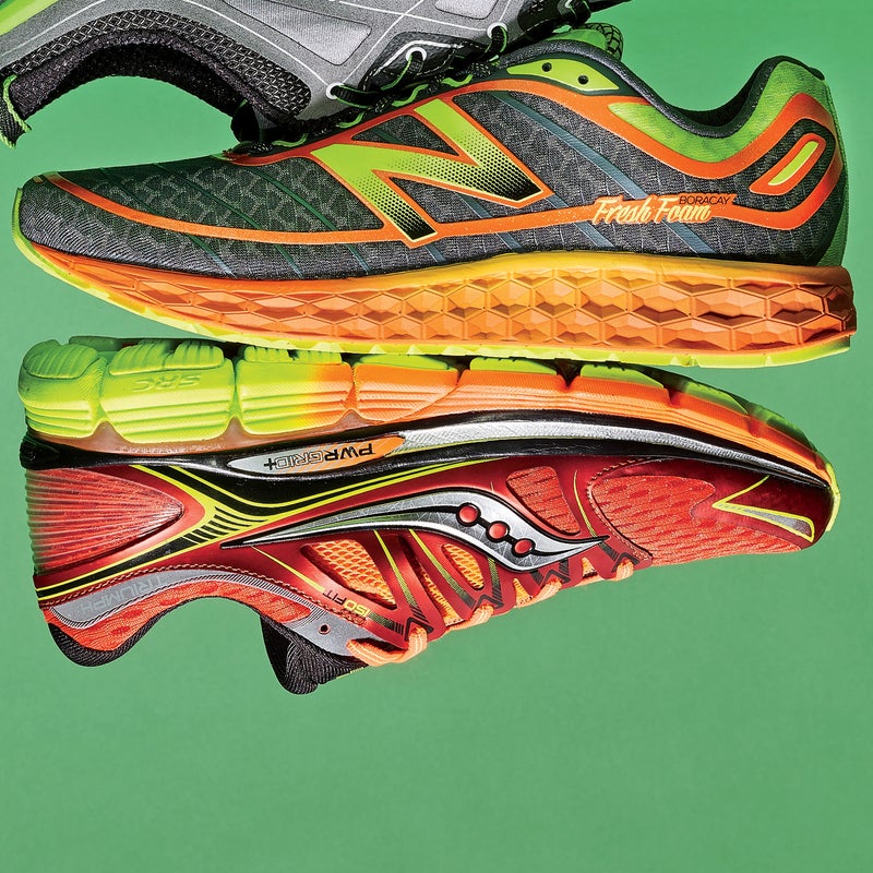 Best For: Midfoot strikers looking for a responsive trainer.
The Test: The Boracay ($120) offers all things in moderation. It’s certainly thick, but the “ultraplush” cushioning New Balance touts is not in the same ballpark as the padding in giants like the Saucony and Hoka One One. By comparison, the Boracay is way more conducive to faster paces yet still amply padded underfoot. The heel feels squishy and deep, and the forefoot is thin enough not to seem sluggish. The stitchless upper was the most comfortable in the test, with nary a pressure point.
The Verdict: A speedier, welcome alternative for fat-shoe fans. 9.3 oz; 4 mm drop; newbalance.com
Speed: 4
Responsiveness: 3