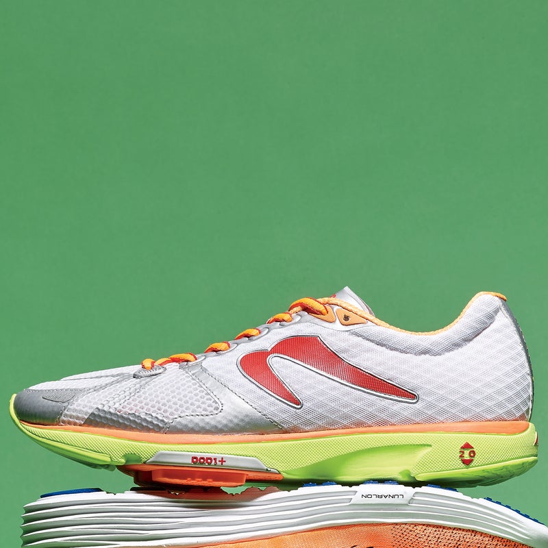 Best For: Mid- and forefoot strikers with an evolved stride who like to boogie.
The Test: Little changes in the Newton from year to year, and that’s fine with us. The Distance IV ($155) has a new paper-thin tongue and fewer overlays around the toe box to fit a wider range of feet, but it still offers the same things that make the shoe such an efficient speedster—the ridiculously low weight and lightning-quick turnover, plus a hyperefficient forefoot with Newton’s five-pod lug design. “I can’t run slow in these,” said one tester.
The Verdict: If you dig the boost of those wide and springy forefoot lugs, the Distance IV is screaming fun. 7 oz; 2 mm drop; newtonrunning.com
Speed: 5
Responsiveness: 4.5