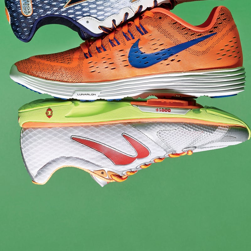 Best For: Training in racing flats.
The Test: Nike designed the new Lunartempo ($110) as a more foot-friendly version of its Lunaracer, giving the shoe a softer landing but a similarly silly-low weight and close-to-the-ground, flexy, almost minimalist feel. The fit is more slipper-like than that of any other shoe here, thanks to the snug Flymesh upper. The ride? Impossibly smooth, albeit a bit close to the ground for heel landers. We appreciate the just-enough rubber on the outsole to slow wear.
The Verdict: An antidote to harsh minimalism for those addicted to quick turnover and great ground feel. Strong feet will really love this shoe. 7 oz; 8 mm drop; nikerunning.com
Speed: 4.5
Responsiveness: 4