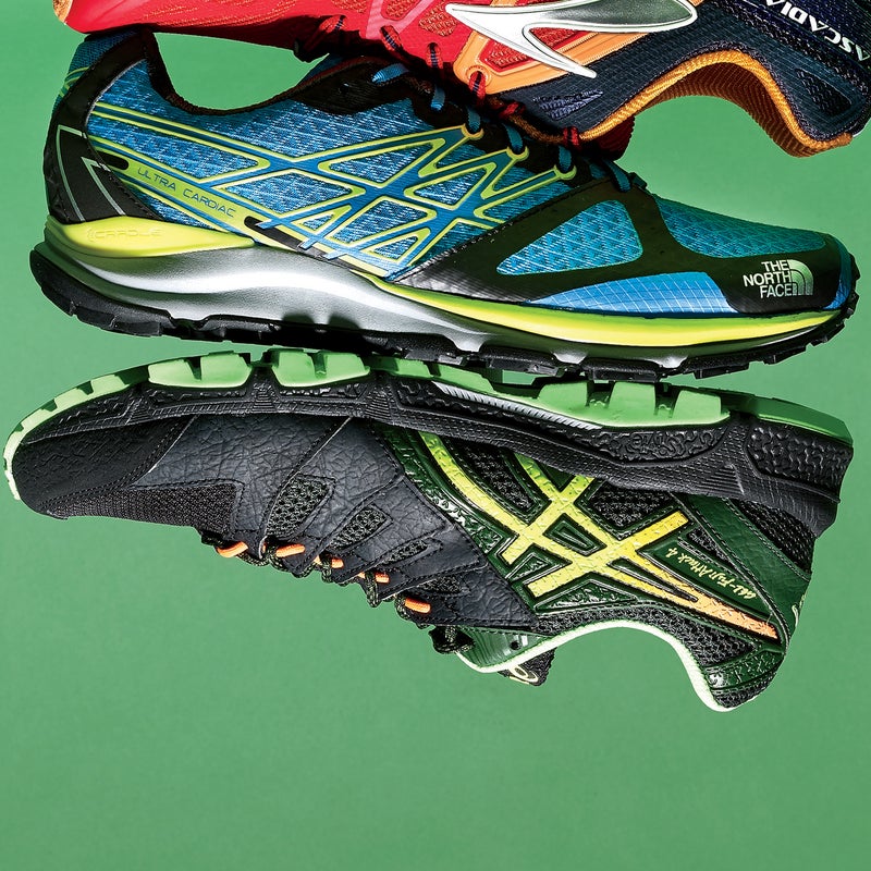 Best For: Flats, rolling hills, and long fitness runs.
The Test: If comfort cruising is what you want, the Ultra Cardiac ($110) should be high on your list. Its soft, foamy midsole and low-profile Vibram lugs lend it an easy-rolling gait suited to all-afternoon scenic meanders in moderate terrain, although its agility and responsiveness are still fairly good. There’s certainly enough midfoot security for tricky descents, but some testers noted a wee bit more slippage than the snuggest shoe here allows, and a few sharp rocks poked through the thick foam.
The Verdict: “A shoe designed for the long haul,” as one tester put it. 9.7 oz; 8 mm drop; thenorthface.com
Comfort: 4.5
Protection: 3.5
