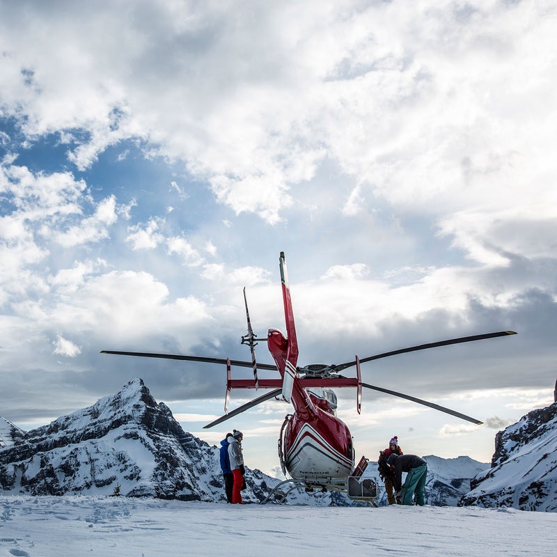The winter of 2015 may go down as a dry one in the Rockies, but there was plenty of snow blowing around above Banff and Lake Louise, Alberta, the two iconic towns at the gateway to Canada’s first and most iconic national park. As part of a shoot for Alberta Tourism, photographer and athlete Jimmy Chin joined forces with a crew of locals and friends, including Outside’s Grayson Schaffer, and headed north on what will surely become a rite of passage for future generations: the Instagram road trip.
Photo: There’s no heli-skiing in Alberta, but pilots can land at a few select locations to deliver their clients into the backcountry for hiking, camping, and high-altitude photo ops. Here, Chris Jerard, Jess Fleming, Tatum Monod, and Schaffer get dropped near Mount Assiniboine.