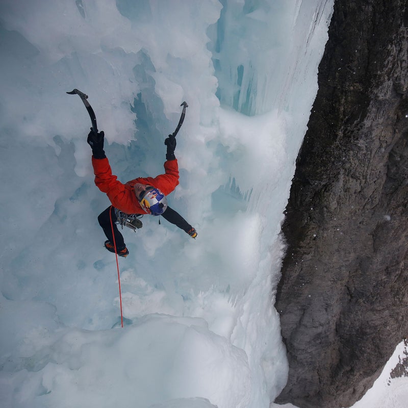 Will Gadd getting vertical in the Ghost River Valley, Alberta.