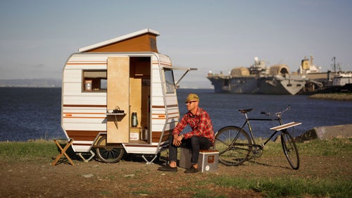 A personal reaction from creator Kevin Cyr to the economic downturn, the mini camper allows inhabitants to weather their worst-case scenarios. In the spirit of minimalism, the camper is towed by a vintage, three-speed Raleigh bicycle. The camper’s interior is stocked with goods that call to mind a childhood camping trip.