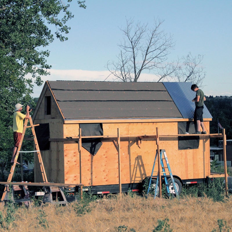 Your tiny house will be tiny, sure, but that doesn’t mean a tumble off the roof won’t hurt. “The roofs of these houses tend to be steep,” says Smith. “We actually built scaffolding around the house for this stage of construction.”
Roof height is also a factor when it’s time to take the house on the road. It would be a shame to have a highway overpass shear off your brand-new roof (and demolish your house).