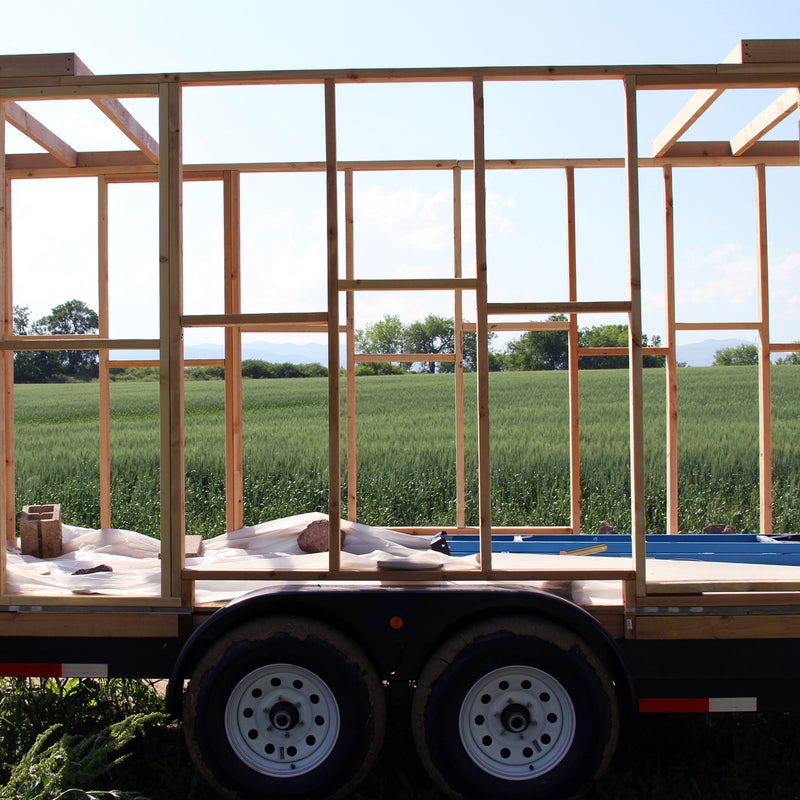 If you want your tiny home to be mobile, build it on a trailer. Outfitters like PJ Trailers and Tiny House Basics offer towables specifically designed for hauling tiny houses. The width matters more than the length: You’ll want a trailer that’s narrow enough to comply with highway restrictions. It also needs to support the weight of a house, says Smith. Calculating weight before construction can be tricky, but if you’re using an online blueprint (which the couple recommends), it should already be provided.