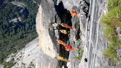The performances on Mount Watkins were crafted back in Bandaloop’s studio in Oakland, California, but as always, they have to adapt the choreography to the specific location. Here, the dancers contend with jagged surfaces, crumbling rock, and exposure to the blaring sun.