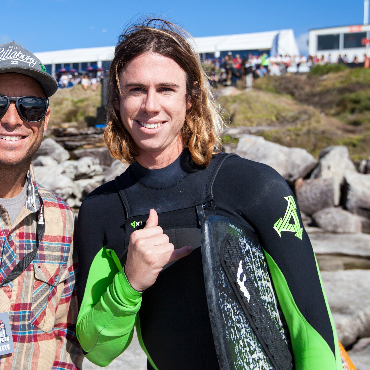 Brad Domke (USA) and Shane Dorian (HAW) pose for a portrait during Red Bull Cape Fear at Botany Bay in Sydney, Australia on August 31st, 2014 // Andy Green/Red Bull Content Pool // P-20140831-00063 // Usage for editorial use only // Please go to www.redbullcontentpool.com for further information. //