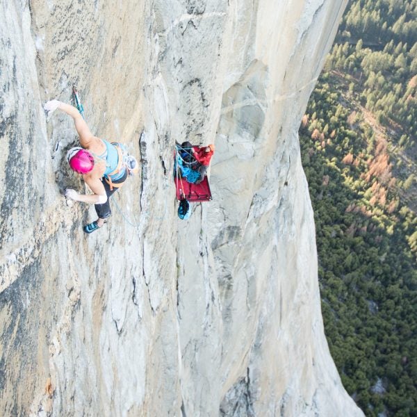 The list of Emily Harrington’s climbing achievements is long. She was the second American woman to complete a 5.14b graded route and has summited Everest, but her latest project on the granite walls of Yosemite’s El Capitan may take the top spot. For six days this spring, Harrington free-climbed—using ropes only to catch falls—up 40 pitches of El Capitan’s Golden Gate route before reaching the top on May 31. With the support of her boyfriend and mountain guide Adrian Balligner, in addition to a photo and video team of Jon Glassberg and Walker Emerson, Harrington completed one of the more impressive free climbs in women’s rock climbing history. Here, Harrington walks us through her route and life on the big wall. Harrington: At the crux of “The Move,” which is the first 5.13 pitch on Golden Gate and a couple days into the climb. It requires a stressful few moves involving holding two tiny opposing holds and pulling out on them. The movement reminded me of trying to pull apart two elevator doors and took me several dozen tries to do successfully.