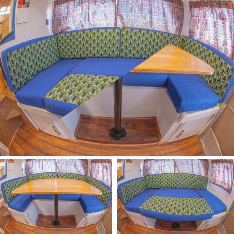 The dining room got a major upgrade. I reupholstered the cushions, made a new tabletop, and added a flush-mount removable table. This also converts into a second bed for guests.