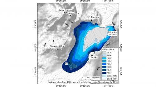 The bright orange fire lines of Norfolk’s project are just another way to represent the recession of the glacier through the years. Here, a color-coded maps shows just how much of Lewis Glacier is disappearing.