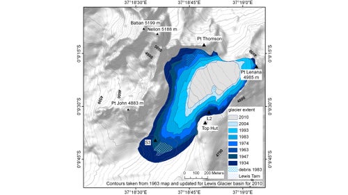 The bright orange fire lines of Norfolk’s project are just another way to represent the recession of the glacier through the years. Here, a color-coded maps shows just how much of Lewis Glacier is disappearing.