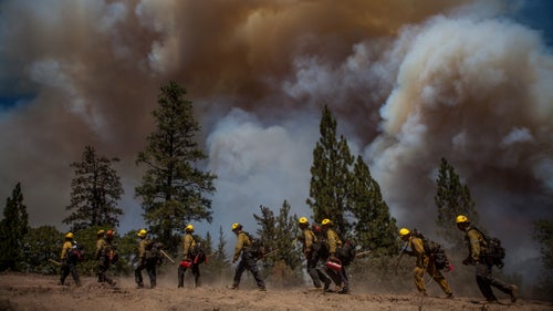 Los Angeles County firefighters hike in on a fire line on the Rim Fire near Groveland, California, on August 22, 2013.