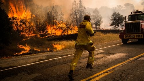A firefighter runs to move a truck before it's overrun by a spot fire on the Rocky Fire in Lake County, California on July 30, 2015. As of August 5, the fire had consumed 69,600 acres and is one of 23 wildfires burning in California.