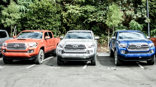 For 2016, Toyota offers multiple grilles depending on whether you want a “street” or off-road look (the silver truck has the off-road version, and the orange truck the urban-styled edition). The hood scoop is nonfunctional and comes standard on the TRD Sport and TRD Off-Road models. We dig the orange and beige editions, but the truck looks excellent in blue, too.