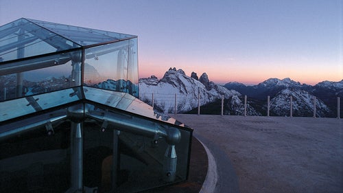 MMM Dolomites, sits at an altitude of 7,155 feet and is housed in Fort Monte Rite, a World War I station between Cortina d’Ampezzo and Pieve di Cadore. Opened in 2002, it is known as “the museum in the clouds.” The fort has been completely restored and modern structures have been added throughout. Old rotating gun turrets were replaced with lanterns and irregular panes of glass that mimic crystals—a characteristic of the dolomite rock.