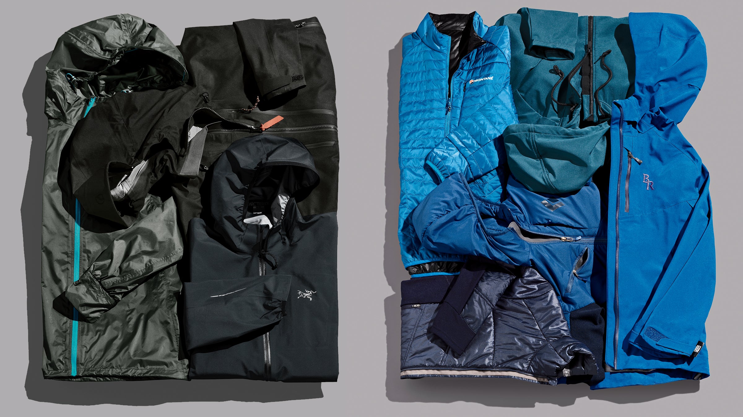 Clockwise from left: Ultimate Direction Ultra, Fjällräven Keb Eco-Shell, Montane Fireball Verso, Swrve Milwaukee ES, Brooks-Range Armor, Ibex Wool Aire Matrix, Arc'teryx Norvan, Black Diamond Deployment Hybrid.