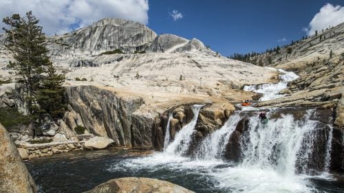 Once on the river, the duo took three days to navigate the 15-mile stretch. They stopped at every opportunity, getting out of their kayaks to scout. Breaking the rapids into chunks allowed them to safely descend the river’s many waterfalls and nasty sets of whitewater. On this particular run, two factors were in their favor: The John Muir Trail was nearby, allowing them to more easily scout the river, and California’s historic drought meant the Merced River’s water level was at a more manageable flow. Watch the entire historic descent—from planning, training, and hiking to the final wild ride—here.